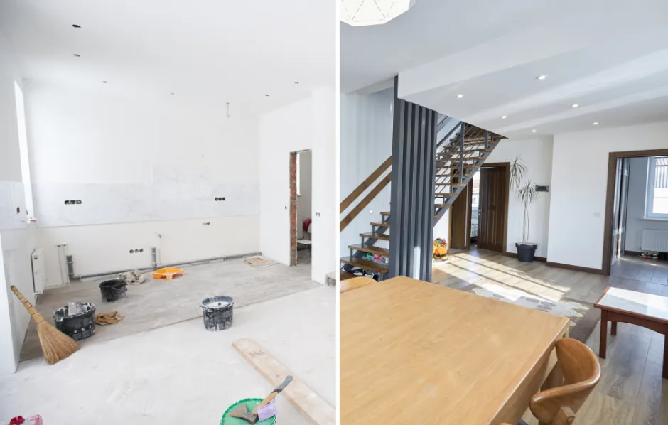 A before and after photo of a house under construction.