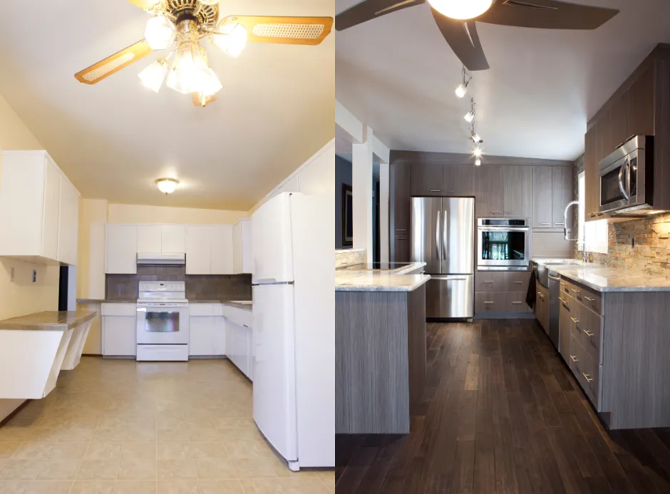 A before and after photo of a kitchen with a ceiling fan